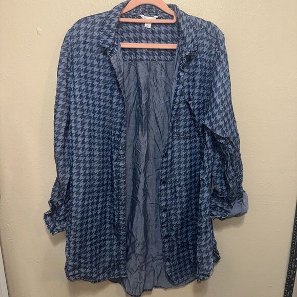 EST 1946 Women’s Button Down Blouse Large Blue Houndstooth Cotton Lightweight‎ - Picture 2 of 8